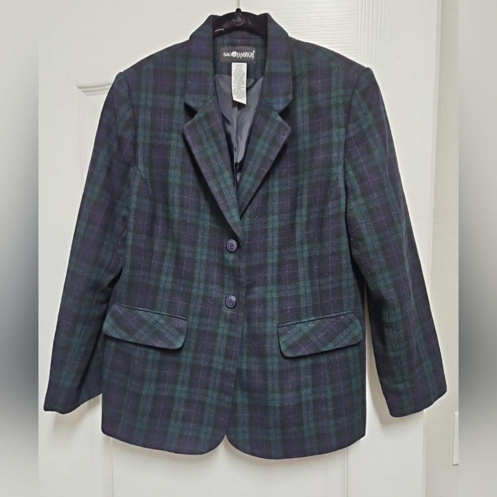 Sag Harbor Plaid Blazer 12P Petite Blue Green Tartan Blazer.